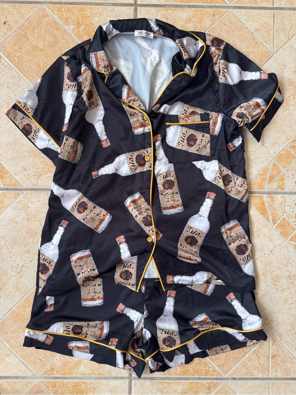 Shein Black Bottle-Print Satin Pajama Set with Yellow Trim